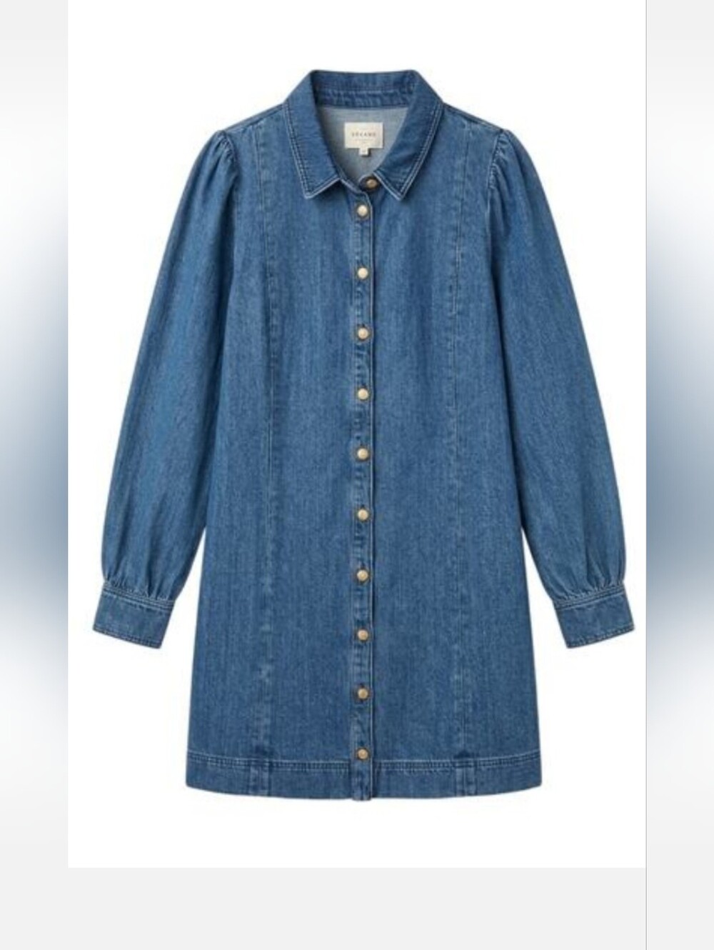 Sezane Women's Blue Denim Gold Button-Front Puff Sleeve Dress Size 42 Us 10 L